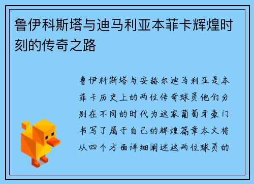 鲁伊科斯塔与迪马利亚本菲卡辉煌时刻的传奇之路