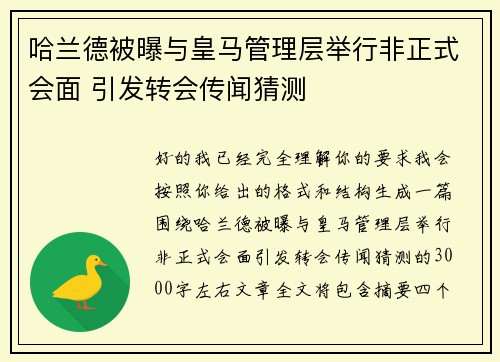 哈兰德被曝与皇马管理层举行非正式会面 引发转会传闻猜测